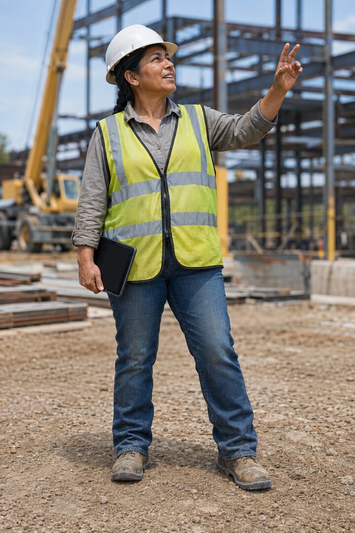 Site supervisor pointing up at the steel frame of a building