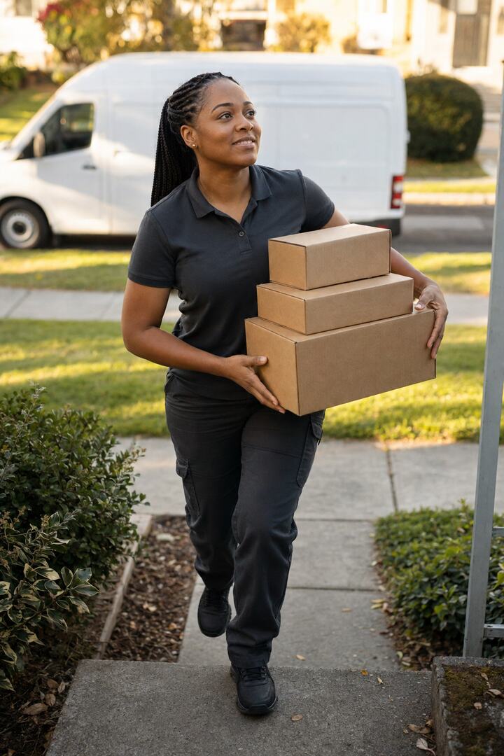 Delivery driver carrying parcels up a front path