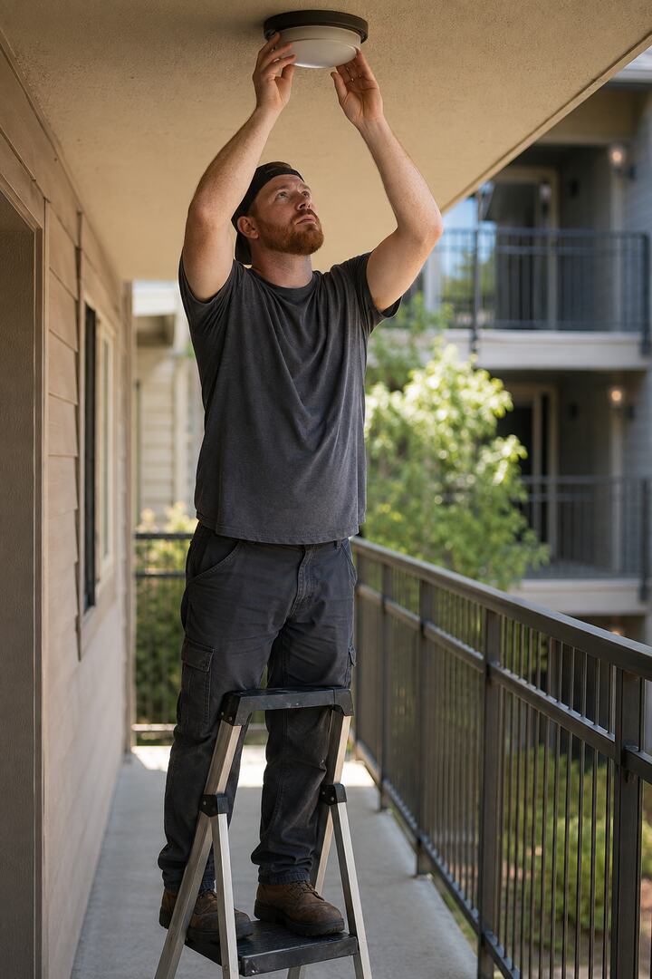 Property maintenance technician fitting a light cover on a walkway ceiling